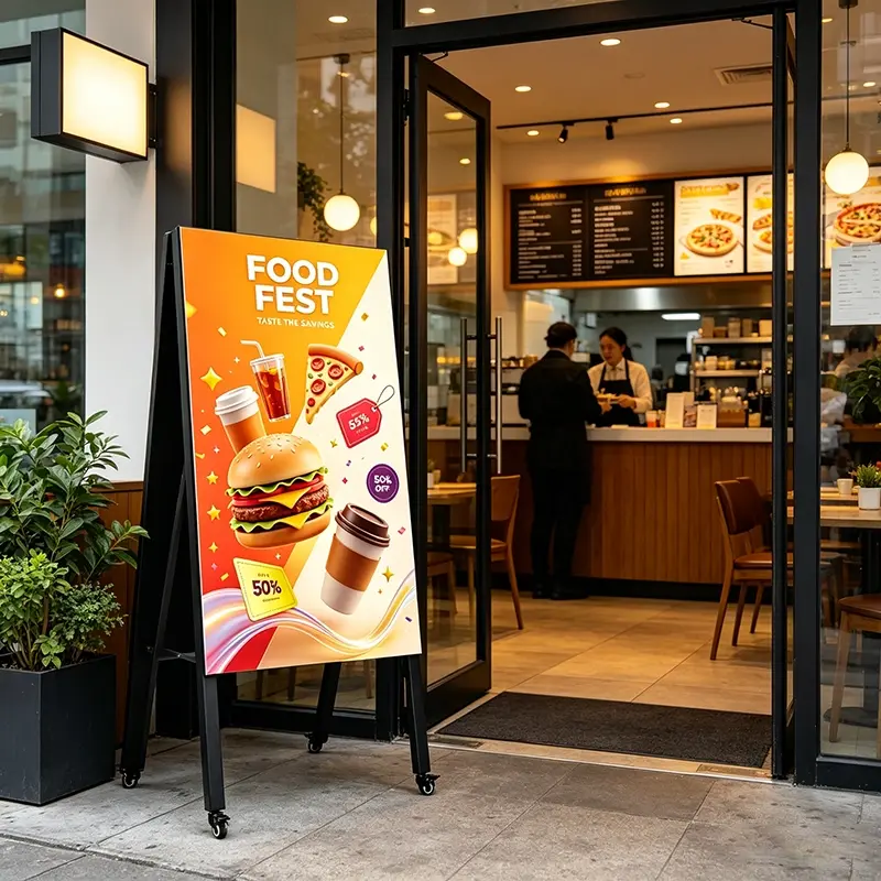 LED outdoor digital menu board at restaurant entrance displaying daily specials