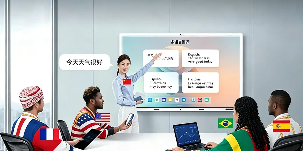 AI Polyglot Roundtable real-time 4-language translation interface on COB LED display