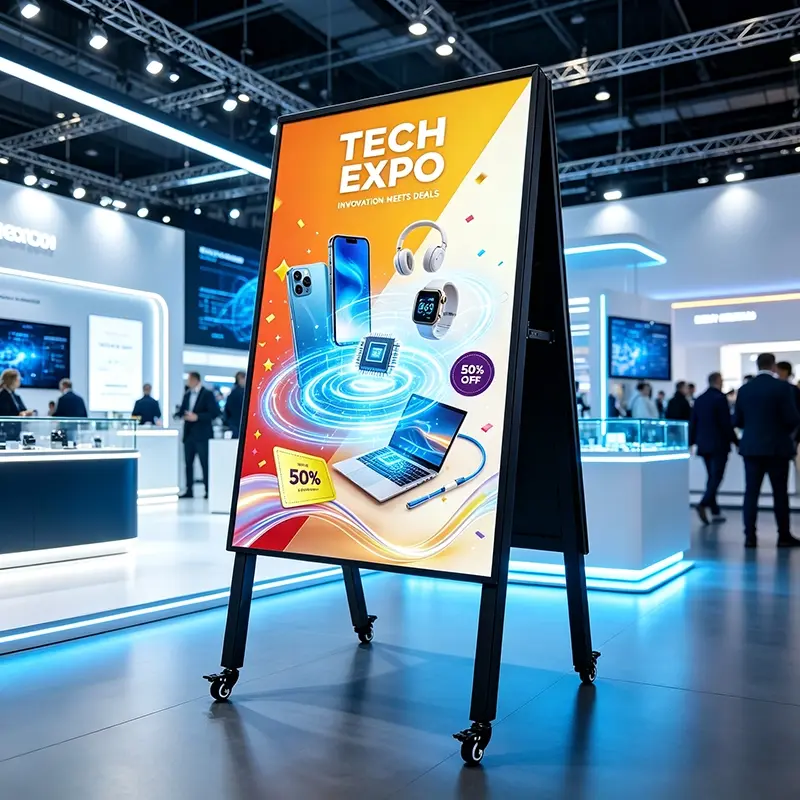 LED outdoor portable digital poster display at trade show exhibition booth