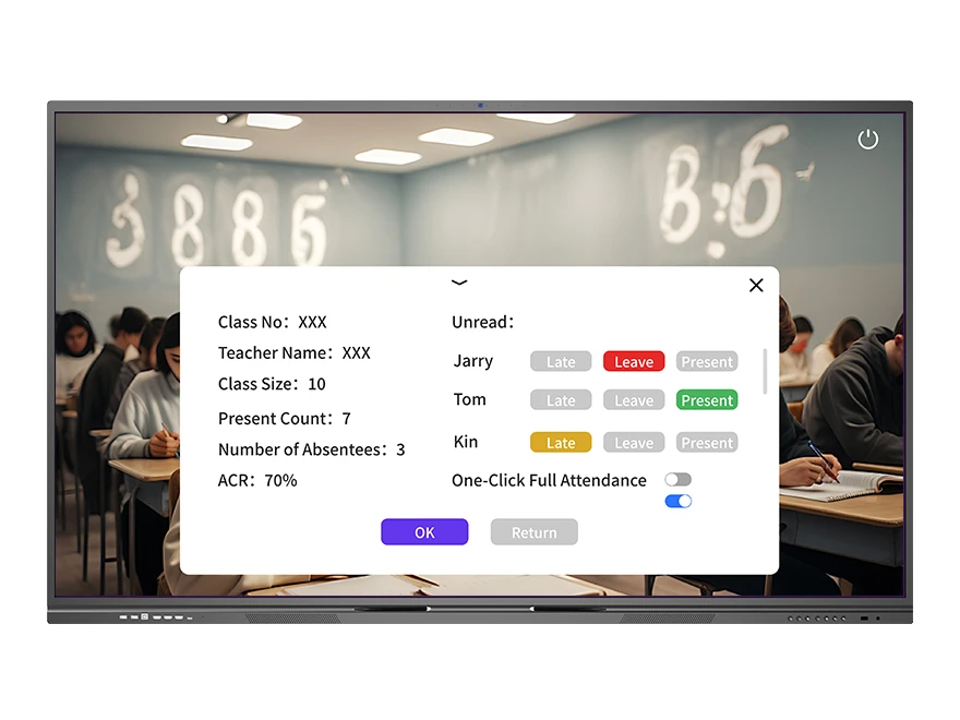 VisionRoll abnormal alert dashboard showing Present/Late/Leave status tags for each student